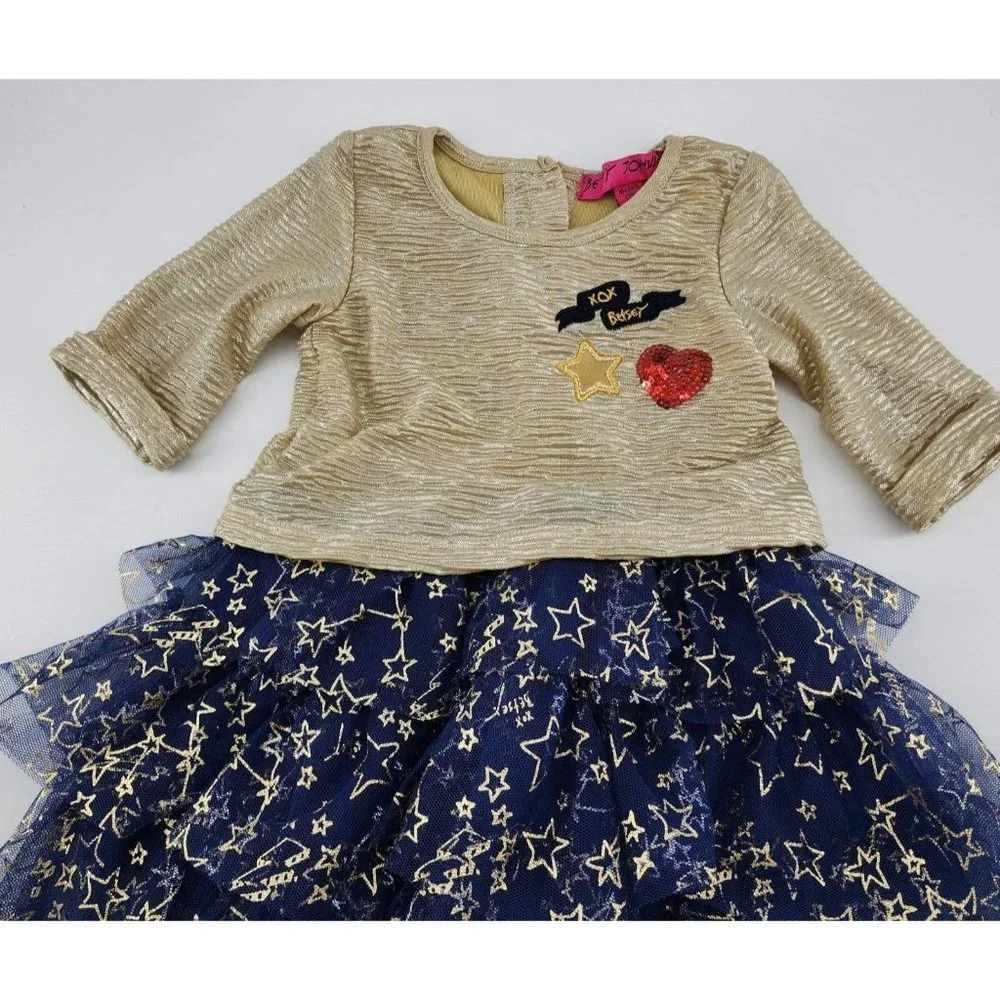 Betsey Johnson Baby Girls 3/4 Sleeve Tiered‎ Dress Blue/Gold Size 12 Months